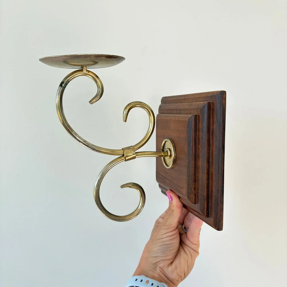 Vintage Wood and Brass Wall Sconce Pillar Candle Holder Scroll Design 6in Plaque